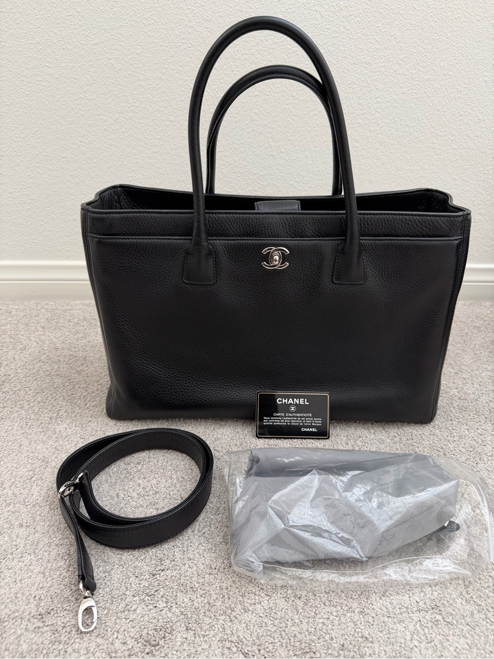 Authentic Black Chanel Cerf in Silver Hardware